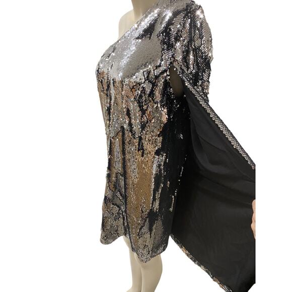 REISS Eva Cape Sequin Mini Silver One Shoulder Dress US 8 - Picture 6 of 11